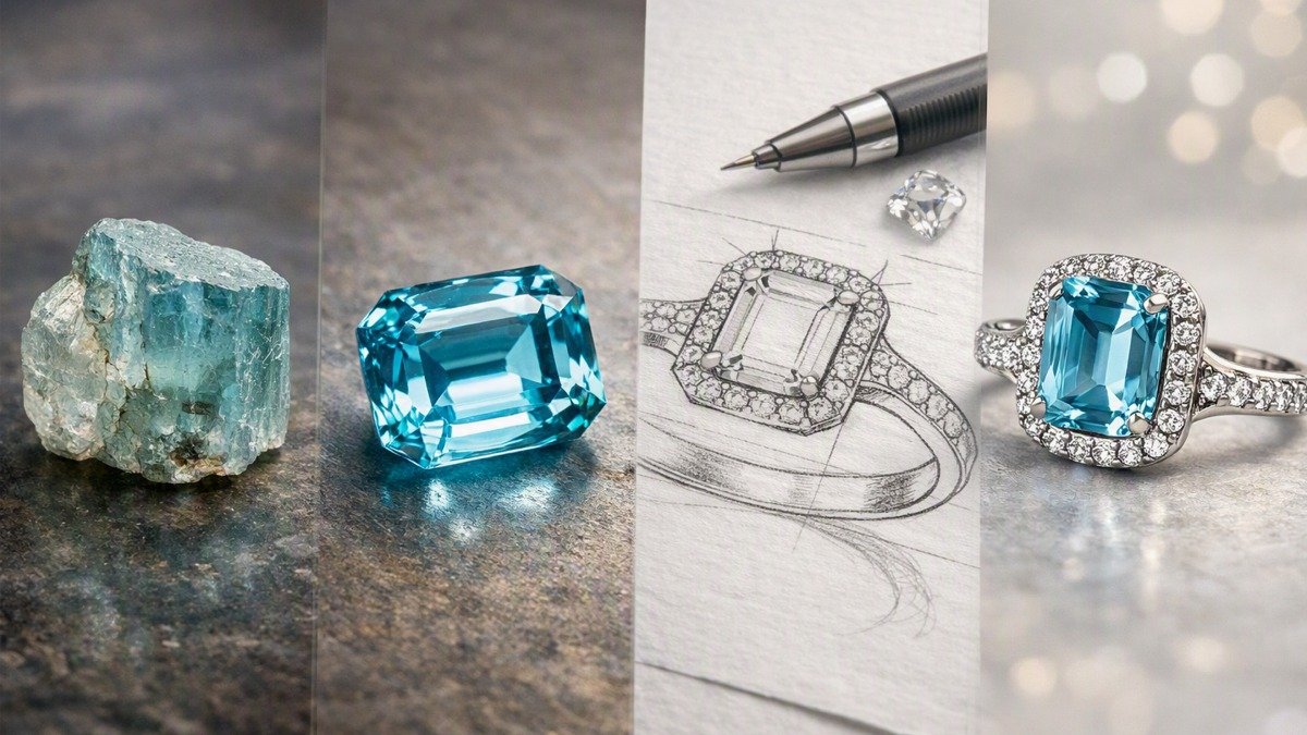 Featured image for the Boutique Jewellery, Gem and Mineral Expo: stylised composite showing a gemstone from rough to polished, a jewellery design sketch, and a finished aquamarine ring.