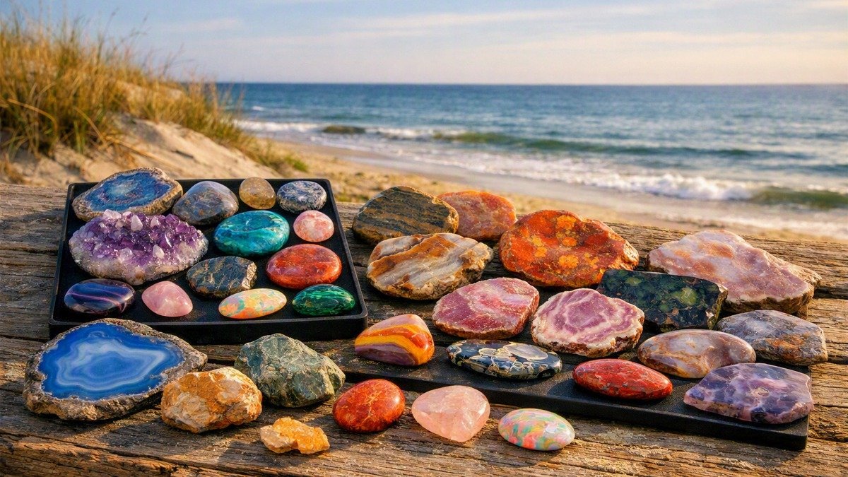 Featured image for the Mordialloc Lapidary Gem Fair: stylised image showing a display of polished gemstone slabs and cabochons arranged on weathered timber near the Mordialloc foreshore, with sand and coastal grasses in the background.