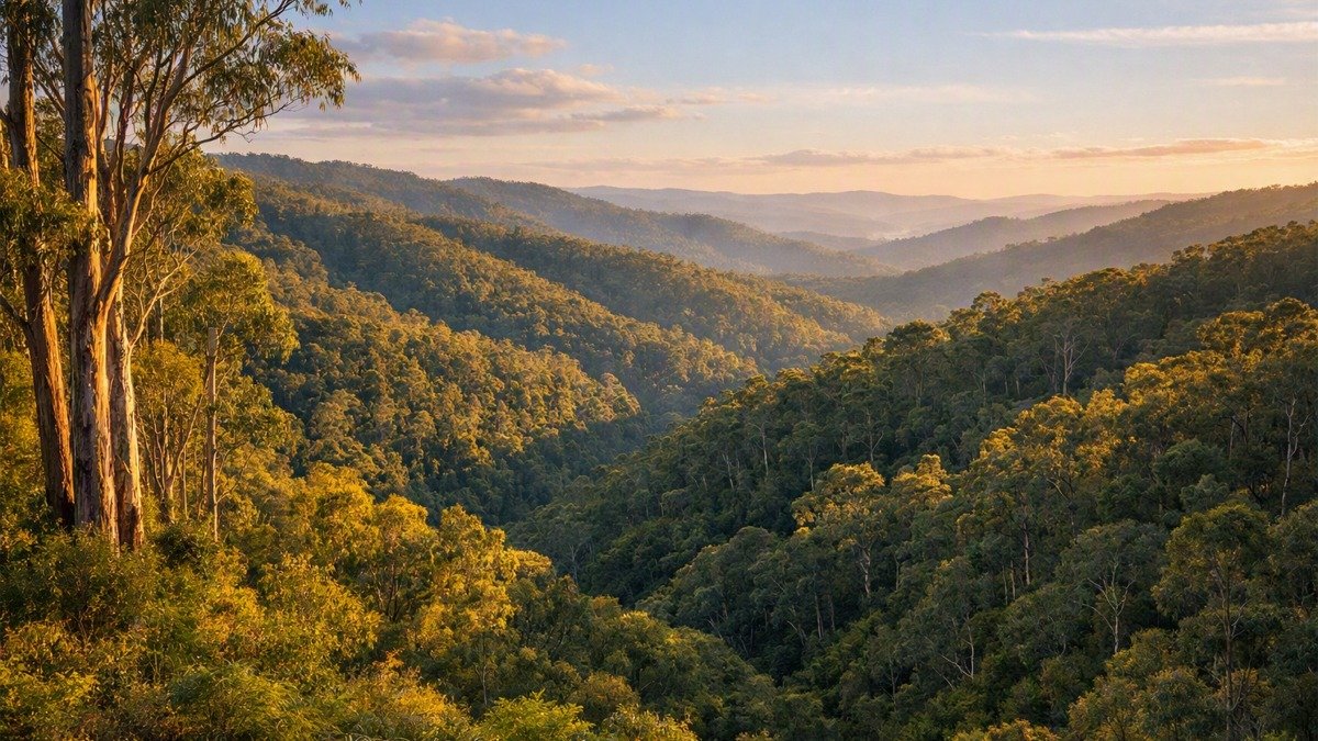 Featured image for the Morwell Gem Show: stylised image showing the Morwell National Park ridgeline at late afternoon in early autumn, with layered forested gullies and tall eucalypts.